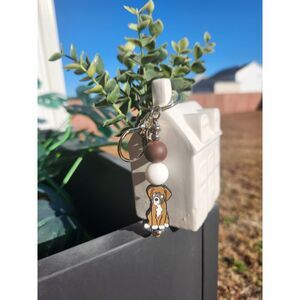 Brown & White Dog Silicone Beaded Keychain